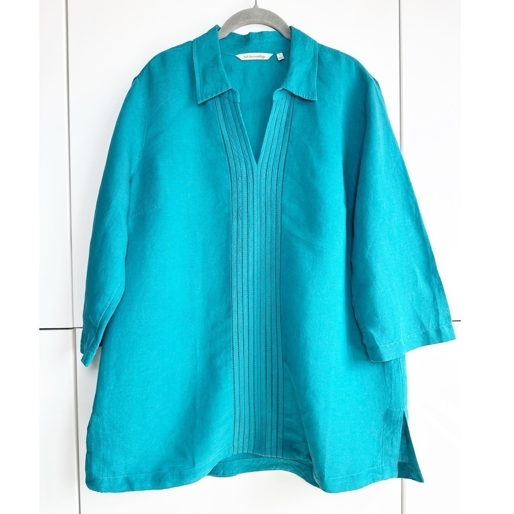 Soft Surroundings Linen Tunic Top Teal Blue 3/4 Sleeve V Neck Top Large Resort